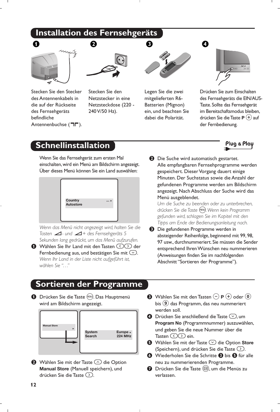 Installation des fernsehgeräts, Schnellinstallation sortieren der programme, Жв к | Philips 14PT1356 User Manual | Page 12 / 64