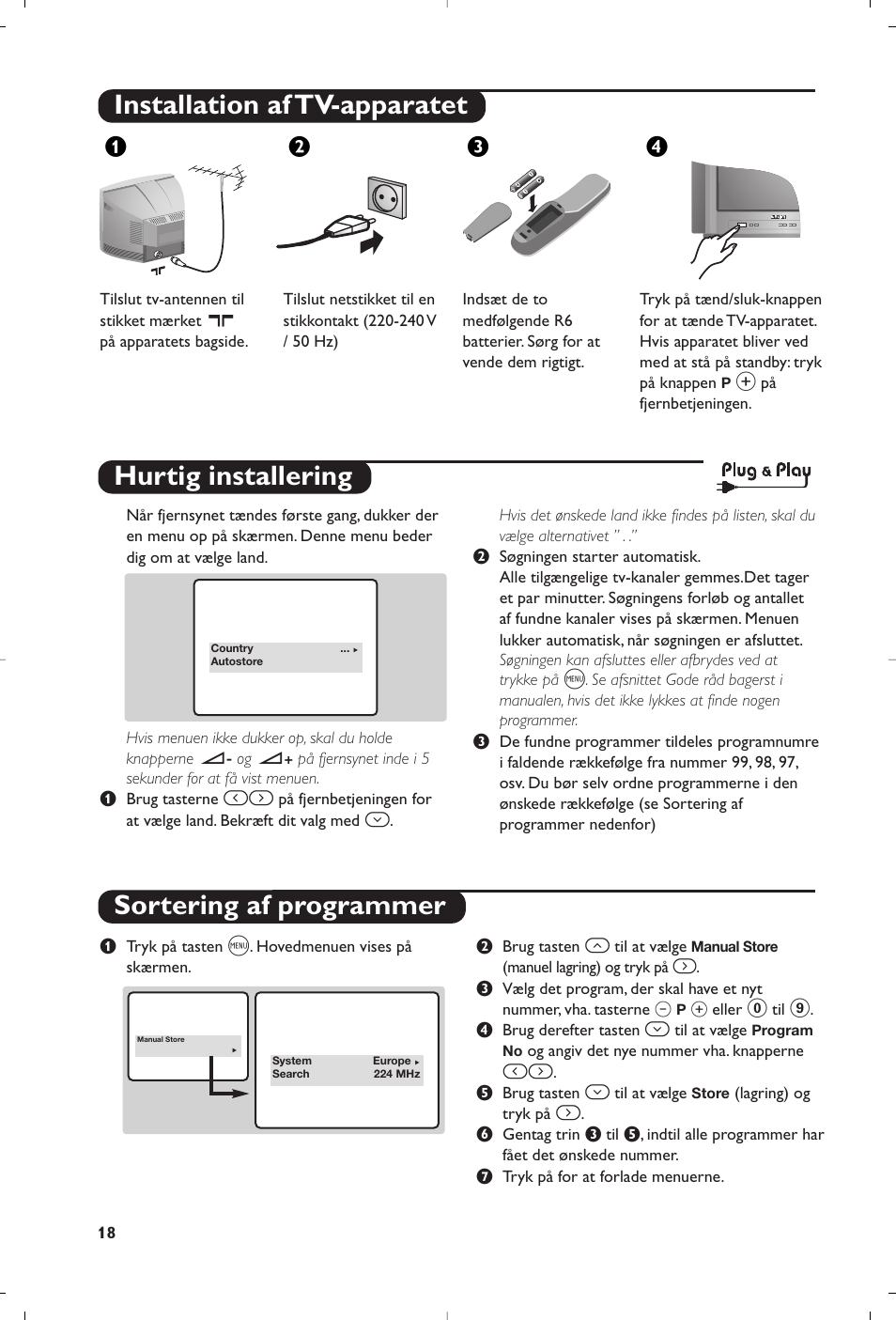 Installation af tv-apparatet, Hurtig installering sortering af programmer, Жв к | Philips 14PT1356 User Manual | Page 18 / 64