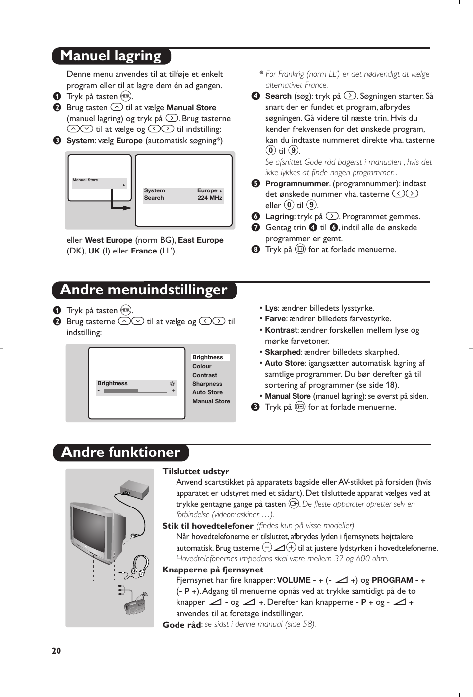 Manuel lagring andre menuindstillinger, Andre funktioner | Philips 14PT1356 User Manual | Page 20 / 64