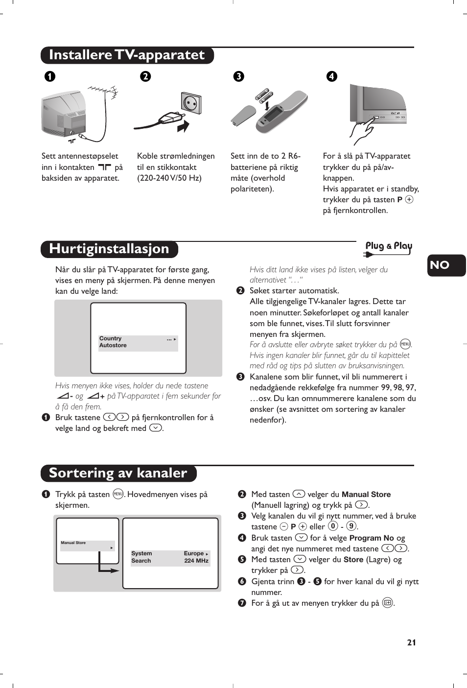 Installere tv-apparatet, Hurtiginstallasjon sortering av kanaler, Жв к | Philips 14PT1356 User Manual | Page 21 / 64