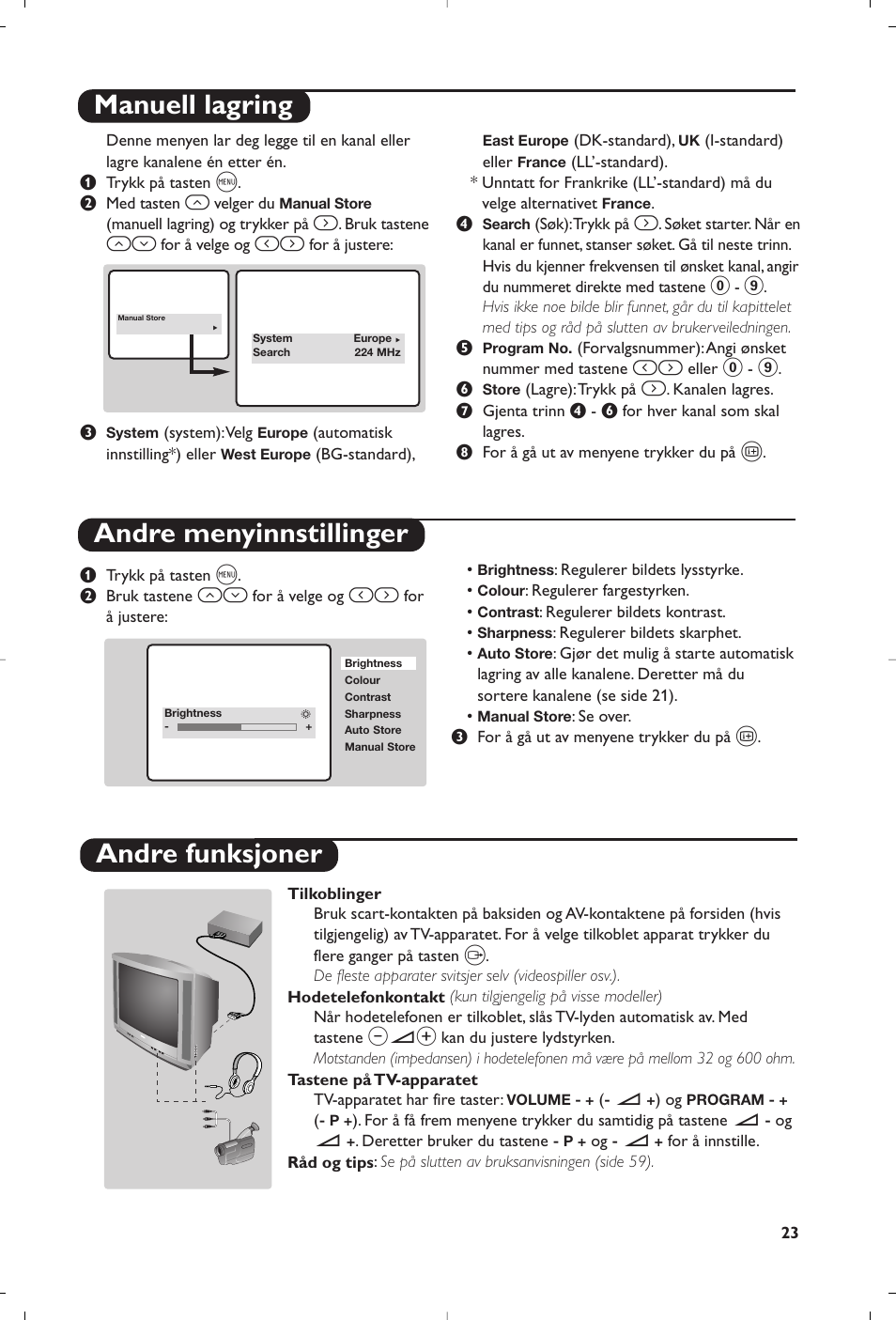 Manuell lagring andre menyinnstillinger, Andre funksjoner | Philips 14PT1356 User Manual | Page 23 / 64