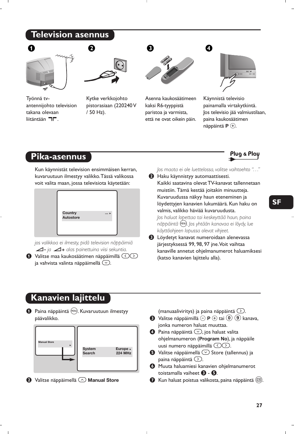 Television asennus, Pika-asennus kanavien lajittelu, Жв к | Philips 14PT1356 User Manual | Page 27 / 64