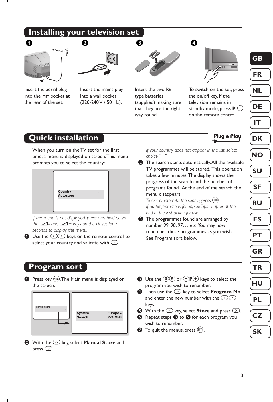Installing your television set, Quick installation program sort, Жв к | Philips 14PT1356 User Manual | Page 3 / 64