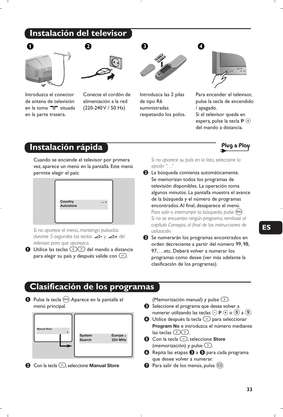 Instalación del televisor, Instalación rápida clasificación de los programas, Жв к | Philips 14PT1356 User Manual | Page 33 / 64