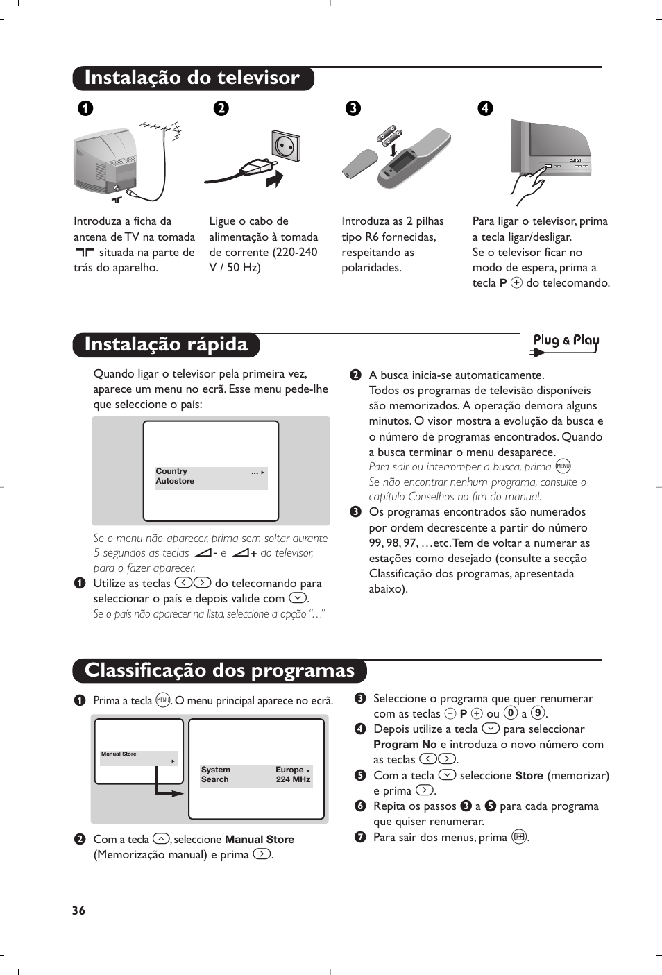 Instalação do televisor, Instalação rápida classificação dos programas, Жв к | Philips 14PT1356 User Manual | Page 36 / 64