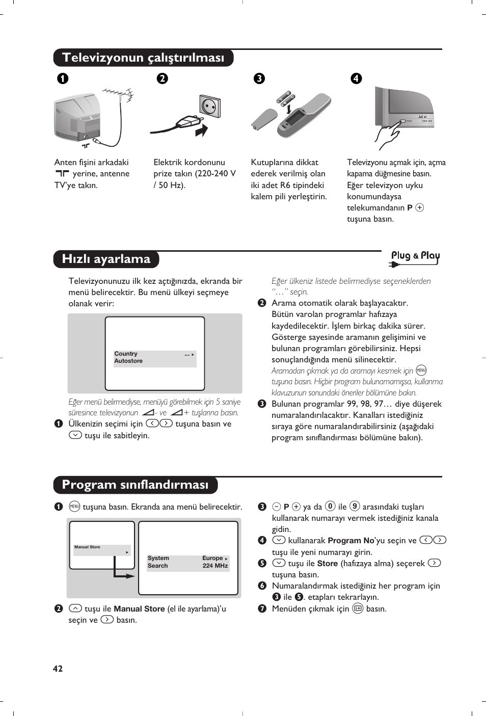 Televizyonun çal›ﬂt›r›lmas, H›zl› ayarlama program s›n›fland›rmas, Жв к | Philips 14PT1356 User Manual | Page 42 / 64