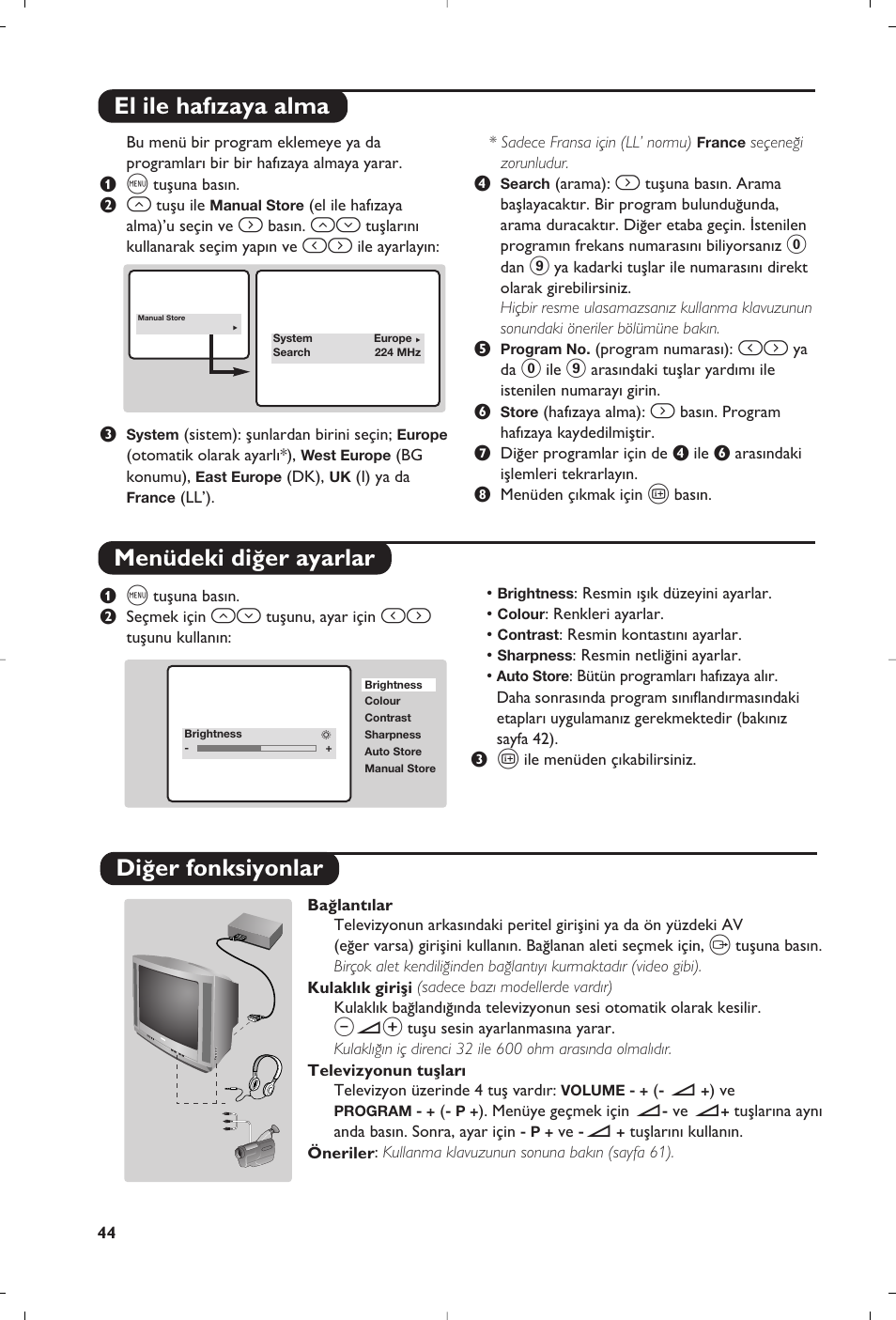 El ile haf›zaya alma menüdeki di¤er ayarlar, Di¤er fonksiyonlar | Philips 14PT1356 User Manual | Page 44 / 64