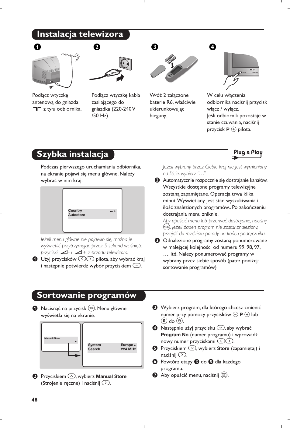 Instalacja telewizora, Szybka instalacja sortowanie programów, Жв к | Philips 14PT1356 User Manual | Page 48 / 64