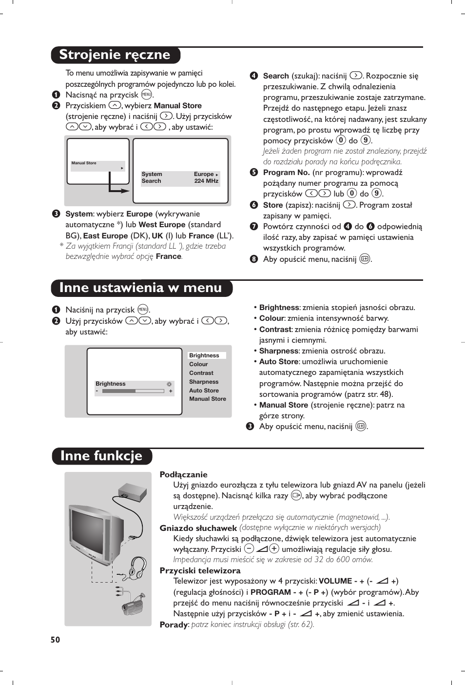 Strojenie ręczne inne ustawienia w menu, Inne funkcje | Philips 14PT1356 User Manual | Page 50 / 64