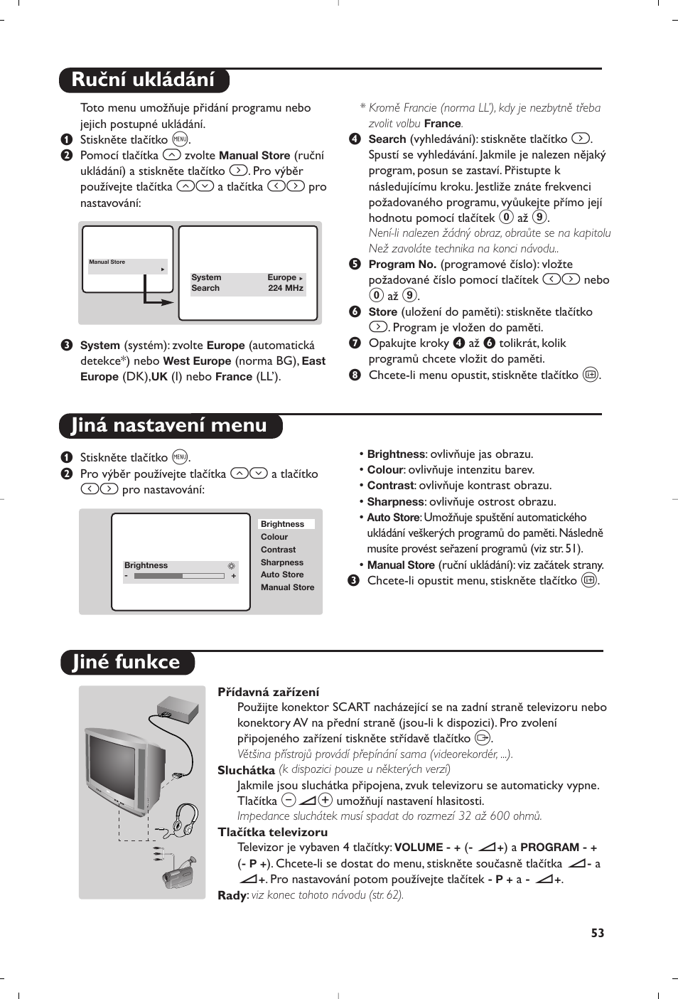 Ruční ukládání jiná nastavení menu, Jiné funkce | Philips 14PT1356 User Manual | Page 53 / 64