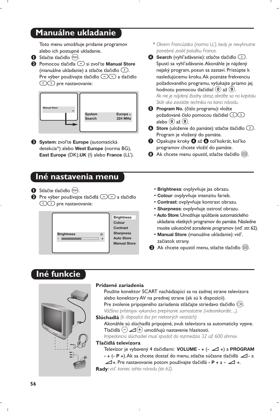 Manuálne ukladanie iné nastavenia menu, Iné funkcie | Philips 14PT1356 User Manual | Page 56 / 64