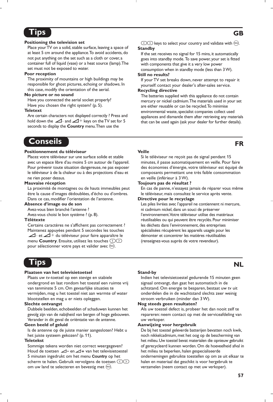 Tips, Conseils, Gb fr nl | Philips 14PT1356 User Manual | Page 57 / 64