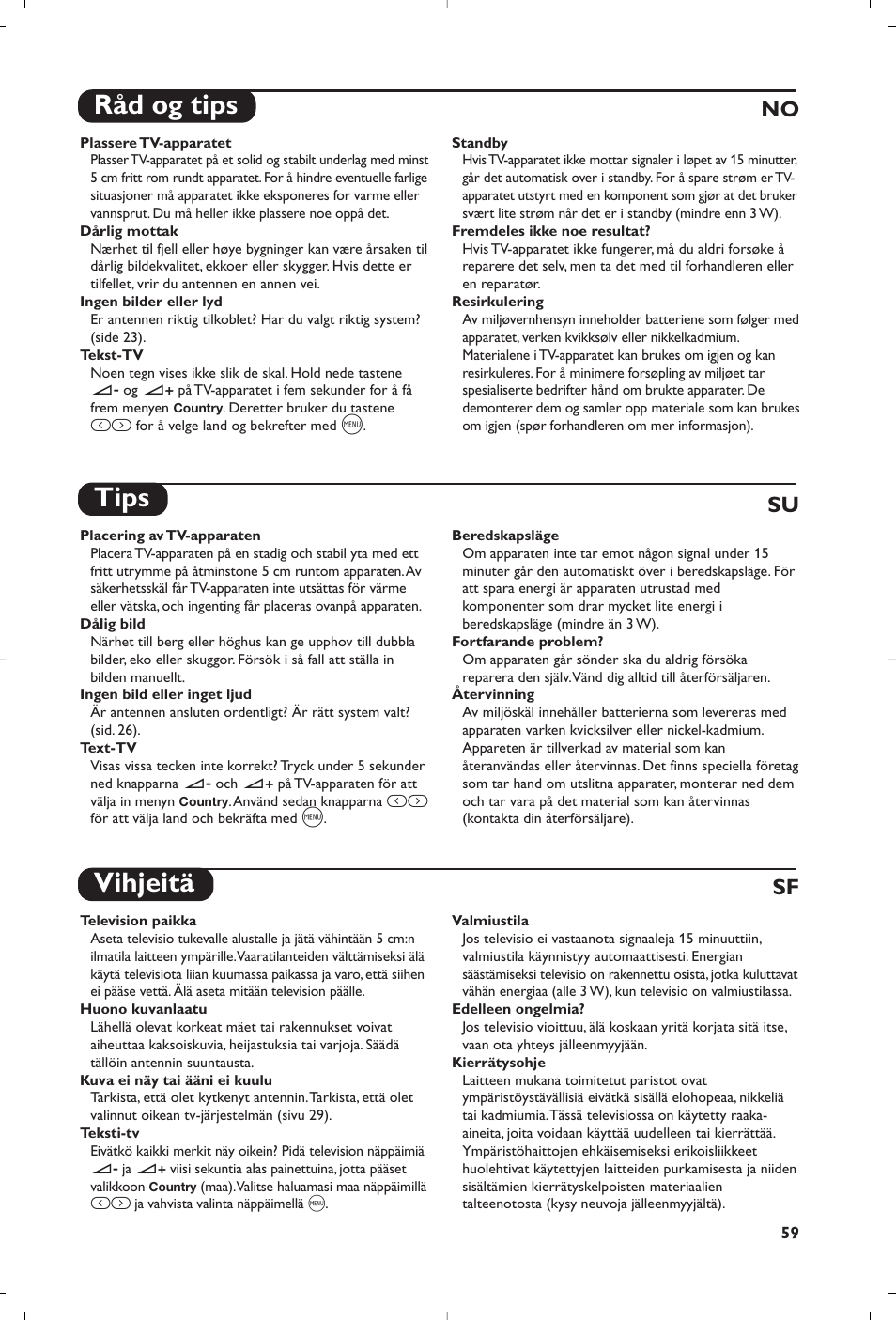 Råd og tips, Tips, Vihjeitä | No su sf | Philips 14PT1356 User Manual | Page 59 / 64