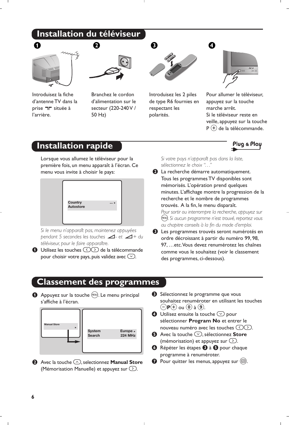 Installation du téléviseur, Installation rapide classement des programmes, Жв к | Philips 14PT1356 User Manual | Page 6 / 64