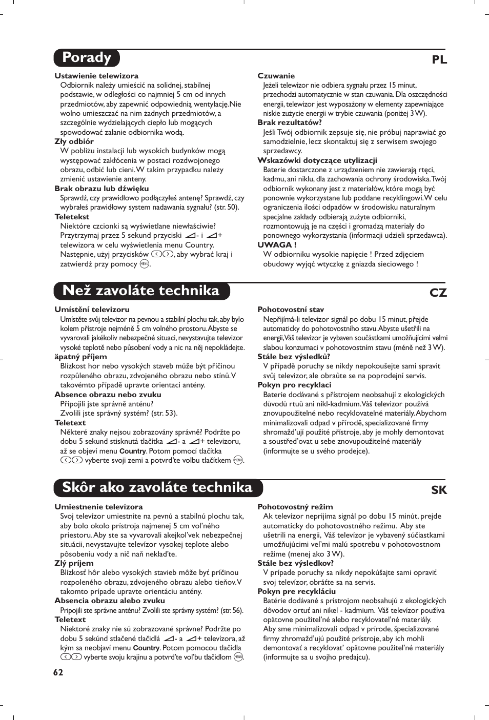 Porady, Než zavoláte technika, Skôr ako zavoláte technika | Pl cz sk | Philips 14PT1356 User Manual | Page 62 / 64