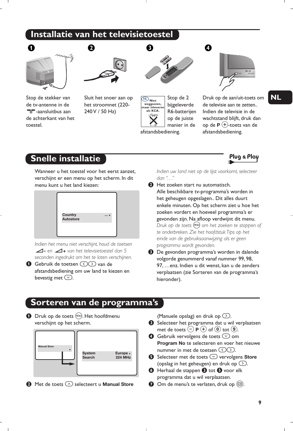 Installatie van het televisietoestel, Snelle installatie sorteren van de programma’s, Жв к | Philips 14PT1356 User Manual | Page 9 / 64