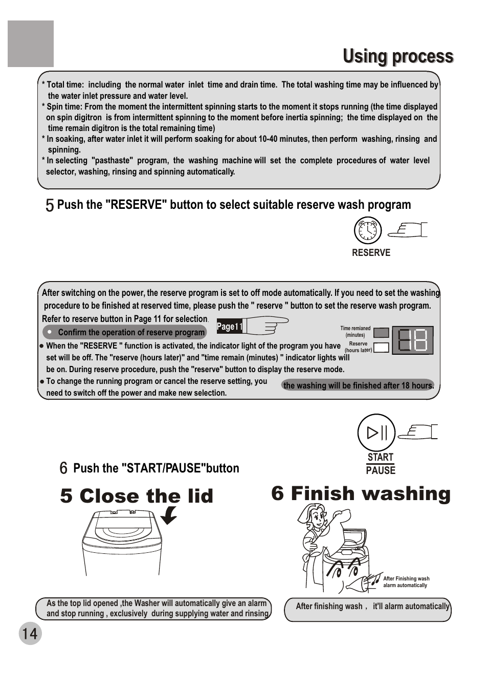 5 close the lid 6 finish washing, Using process, Push the "start/pause"button | haier WM6002A User Manual | Page 16 / 20