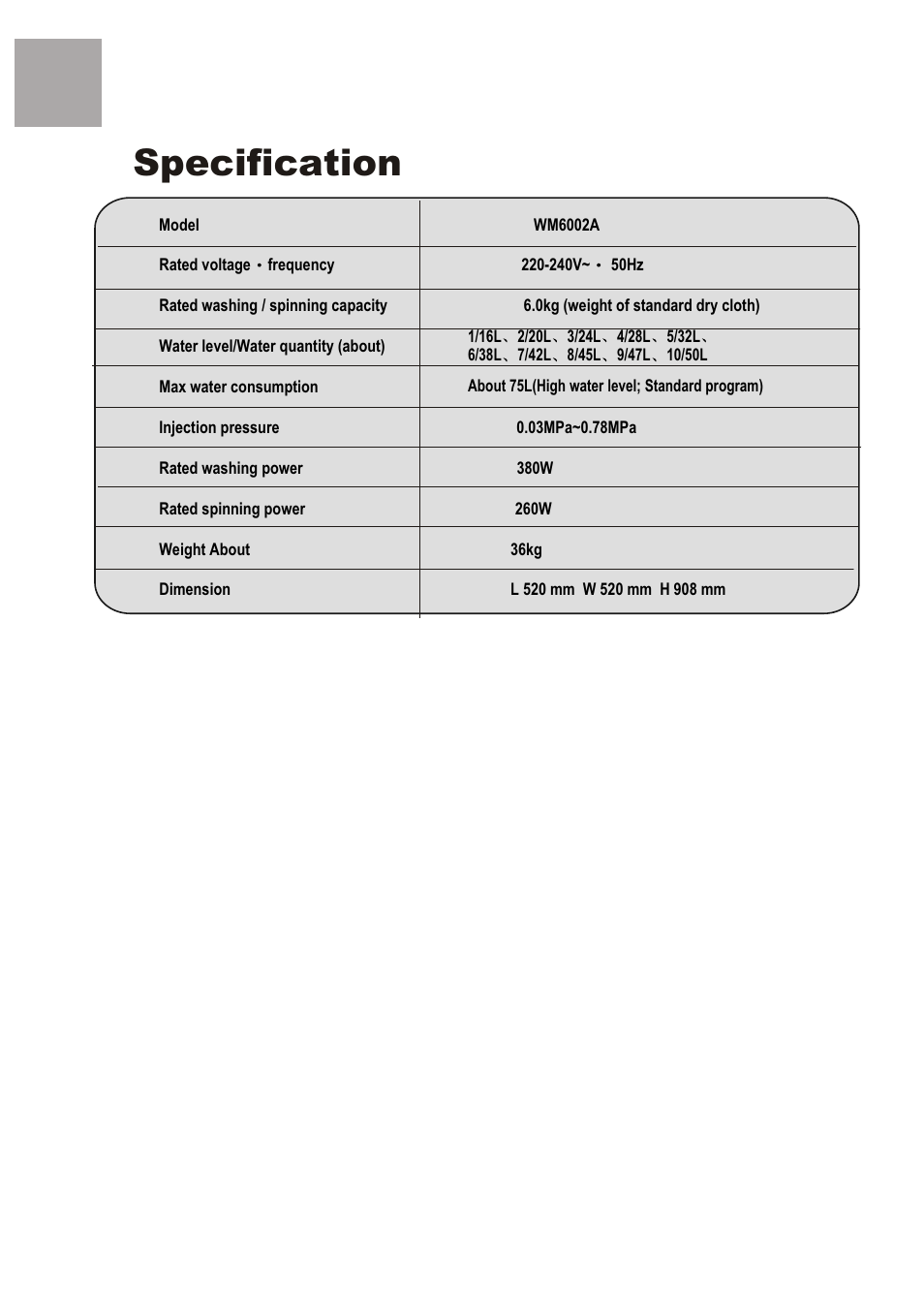 Specification | haier WM6002A User Manual | Page 20 / 20