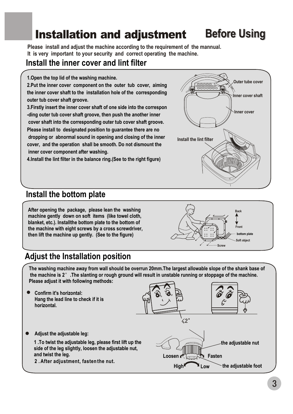 Before using, Before using installation and adjustment, Install the inner cover and lint filter | haier WM6002A User Manual | Page 5 / 20