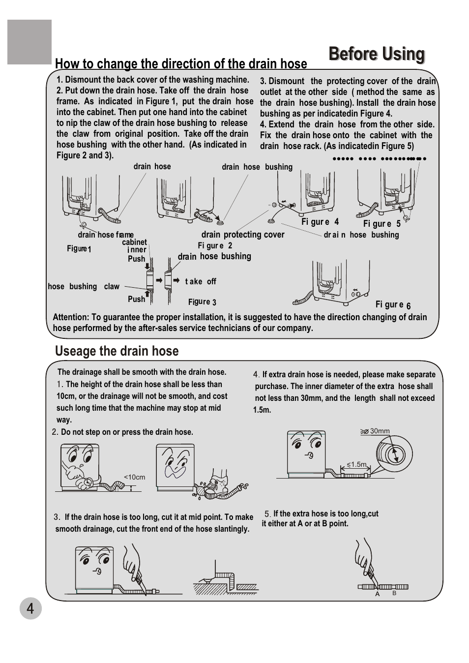 Before using, Useage the drain hose, How to change the direction of the drain hose | haier WM6002A User Manual | Page 6 / 20