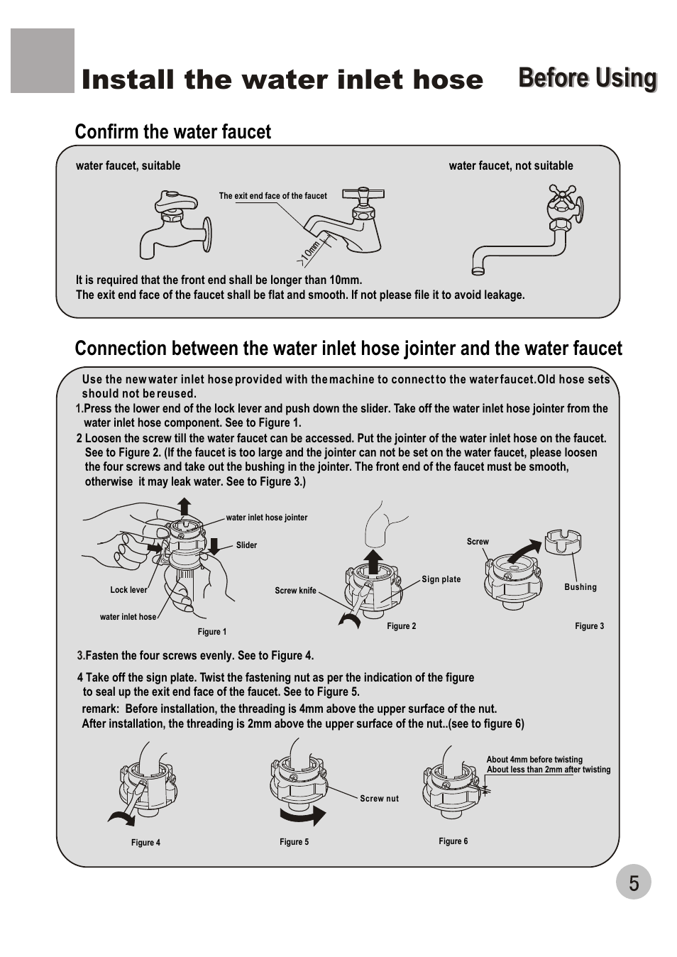 Before using, Before using install the water inlet hose | haier WM6002A User Manual | Page 7 / 20