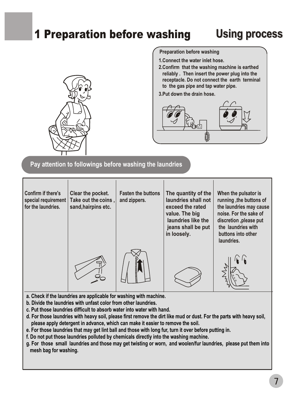Using process, Using process 1 preparation before washing | haier WM6002A User Manual | Page 9 / 20