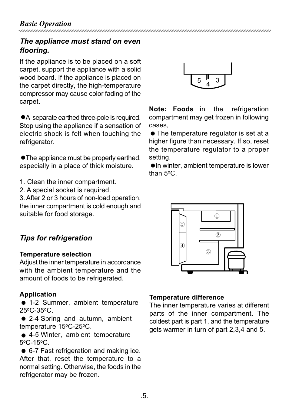 Basic operation, The appliance must stand on even flooring, Tips for refrigeration | haier HR-60 User Manual | Page 6 / 10