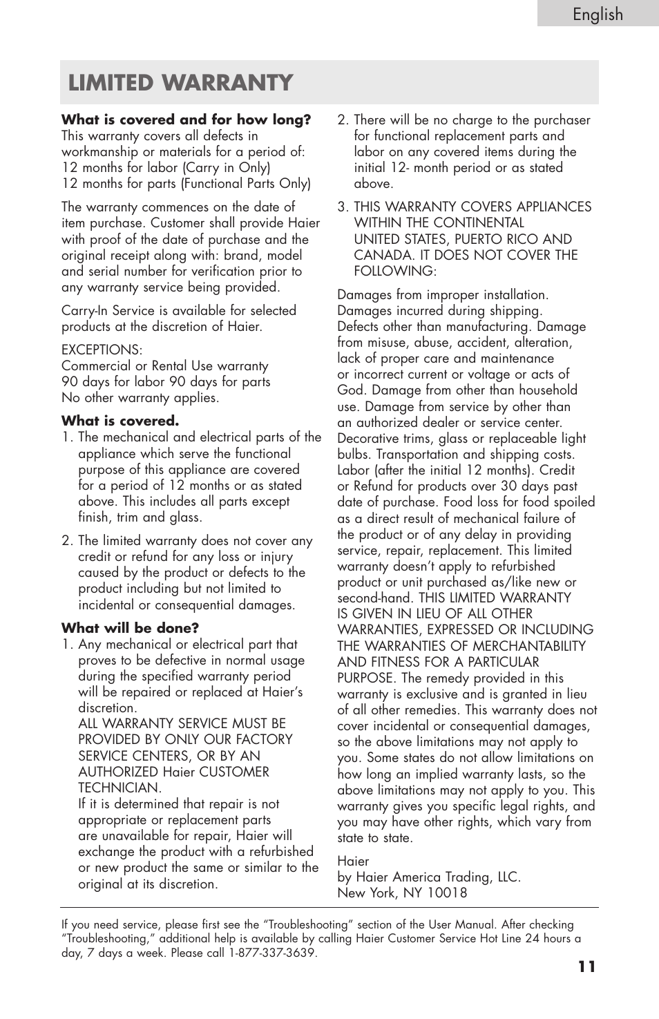 Limited warranty, English | haier HPIMD25B User Manual | Page 12 / 36