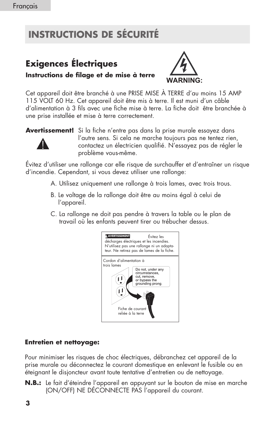 Instructions de sécurité, Exigences électriques, Français | Warning: advertencia: avertissement | haier HPIMD25B User Manual | Page 15 / 36