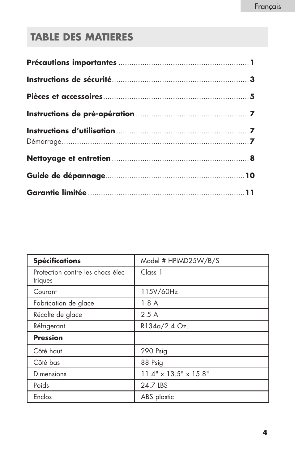 Table des matieres | haier HPIMD25B User Manual | Page 16 / 36