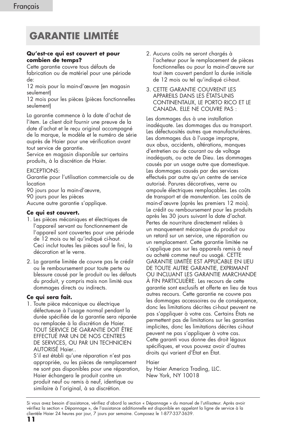 Garantie limitée, Français | haier HPIMD25B User Manual | Page 23 / 36