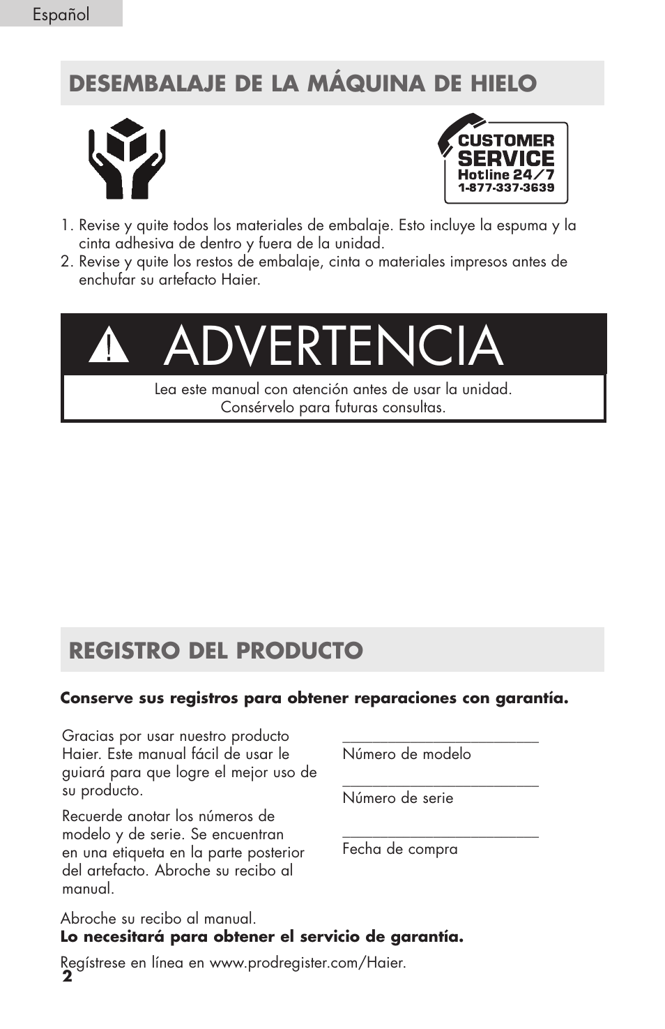 Advertencia, Registro del producto, Desembalaje de la máquina de hielo | haier HPIMD25B User Manual | Page 25 / 36