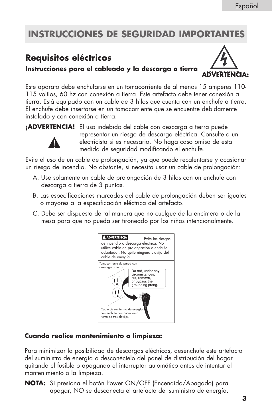 Instrucciones de seguridad importantes, Requisitos eléctricos, Español | Warning: advertencia: avertissement | haier HPIMD25B User Manual | Page 26 / 36