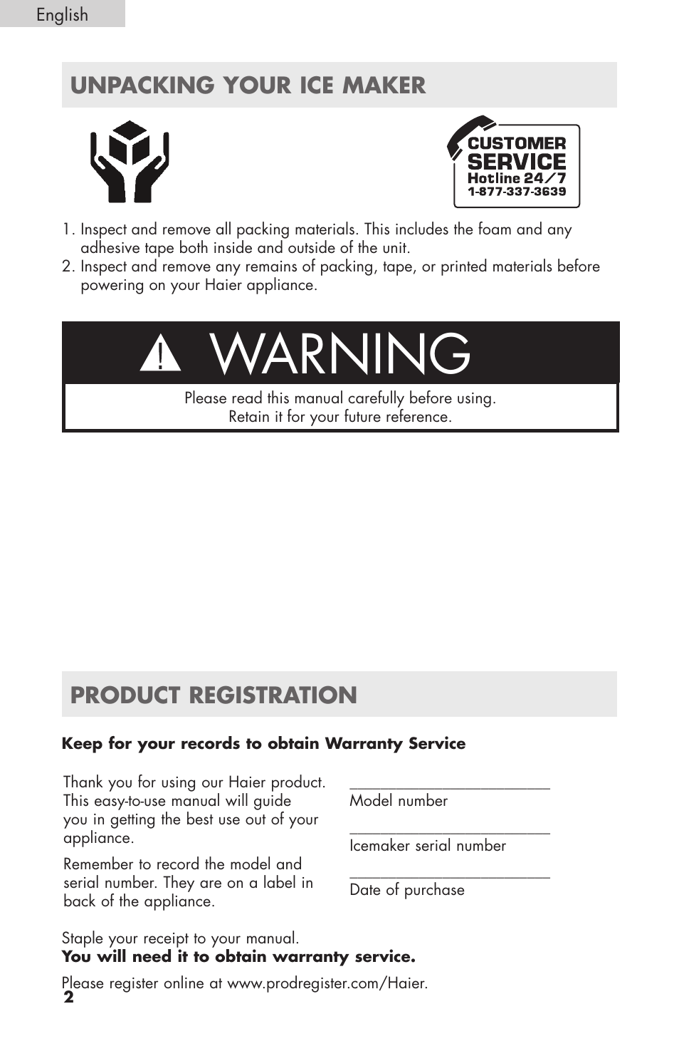 Warning, Product registration, Unpacking your ice maker | haier HPIMD25B User Manual | Page 3 / 36