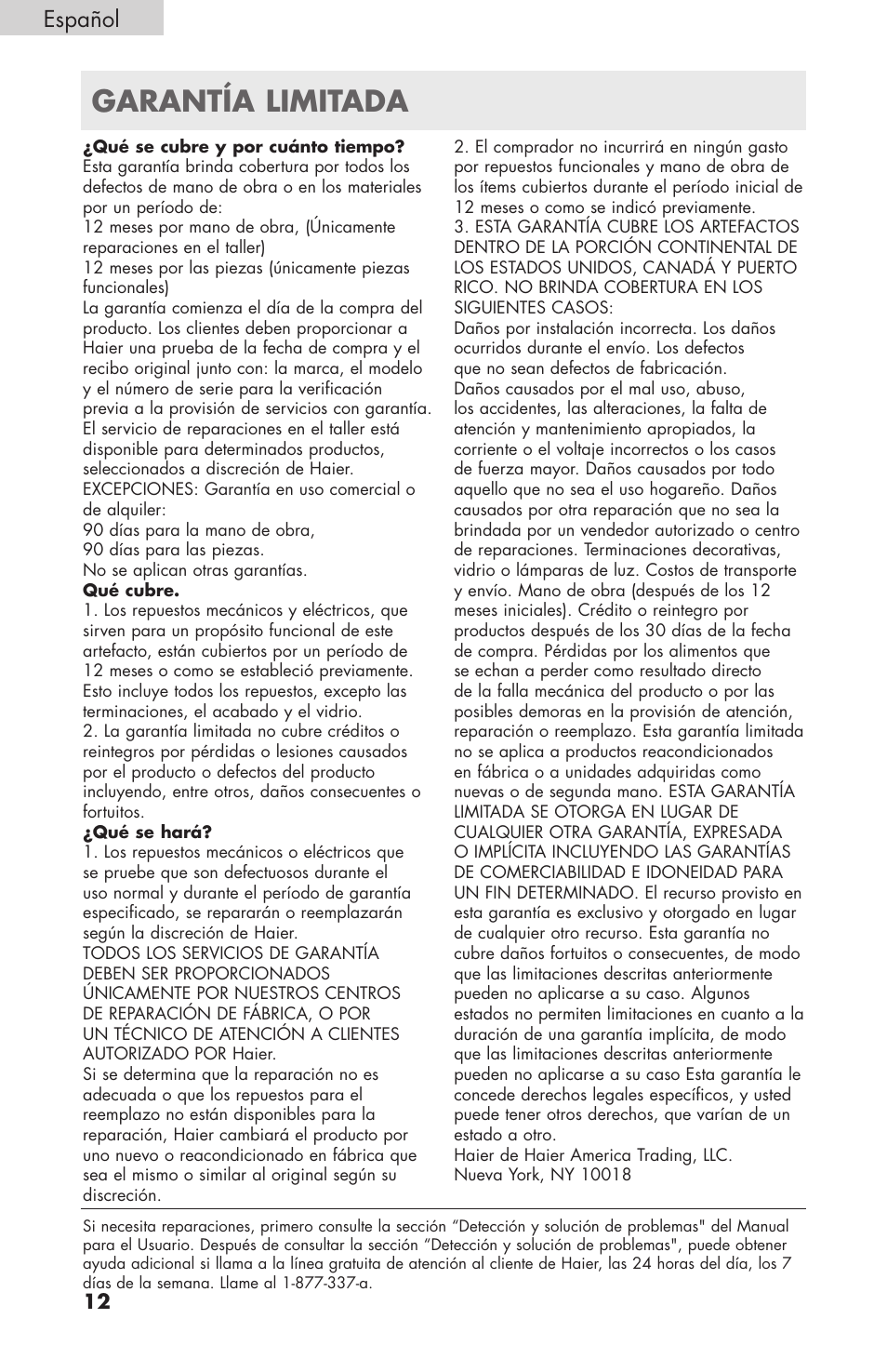 Garantía limitada, Español | haier HPIMD25B User Manual | Page 35 / 36