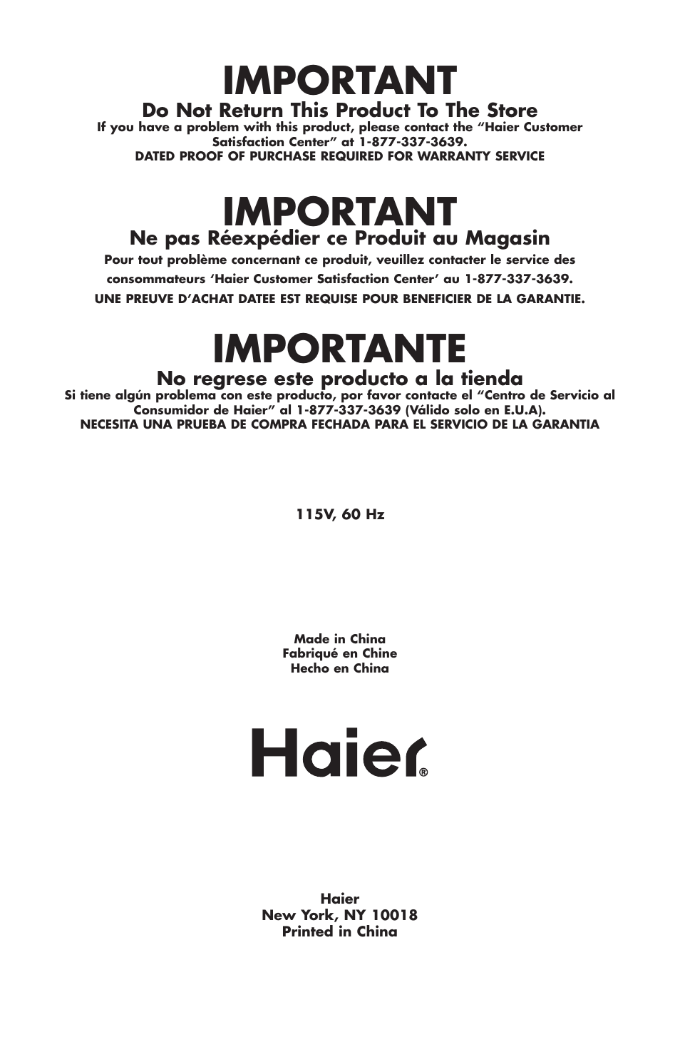 Important, Importante | haier HPIMD25B User Manual | Page 36 / 36