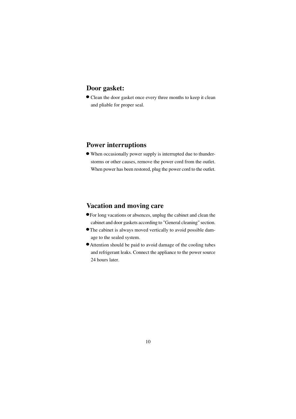 Power interruptions, Vacation and moving care, Door gasket | haier BC-80E/110E User Manual | Page 11 / 15