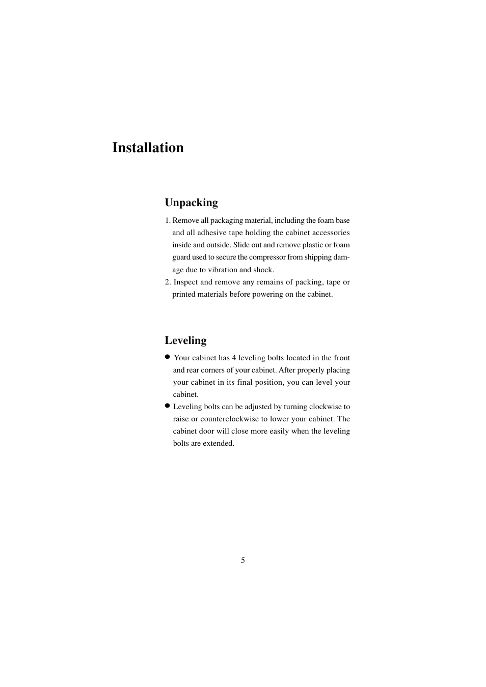 Installation, Unpacking leveling | haier BC-80E/110E User Manual | Page 6 / 15