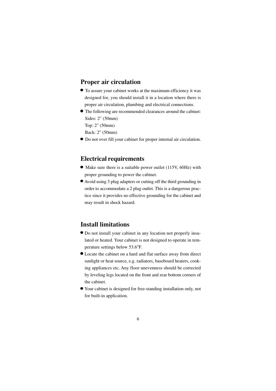 Proper air circulation, Electrical requirements, Install limitations | haier BC-80E/110E User Manual | Page 7 / 15