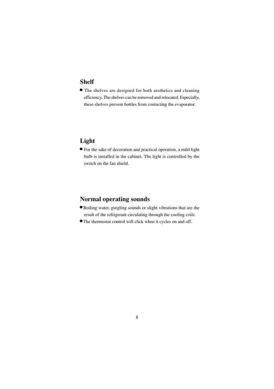 Light, Normal operating sounds, Shelf | haier BC-80E/110E User Manual | Page 9 / 15