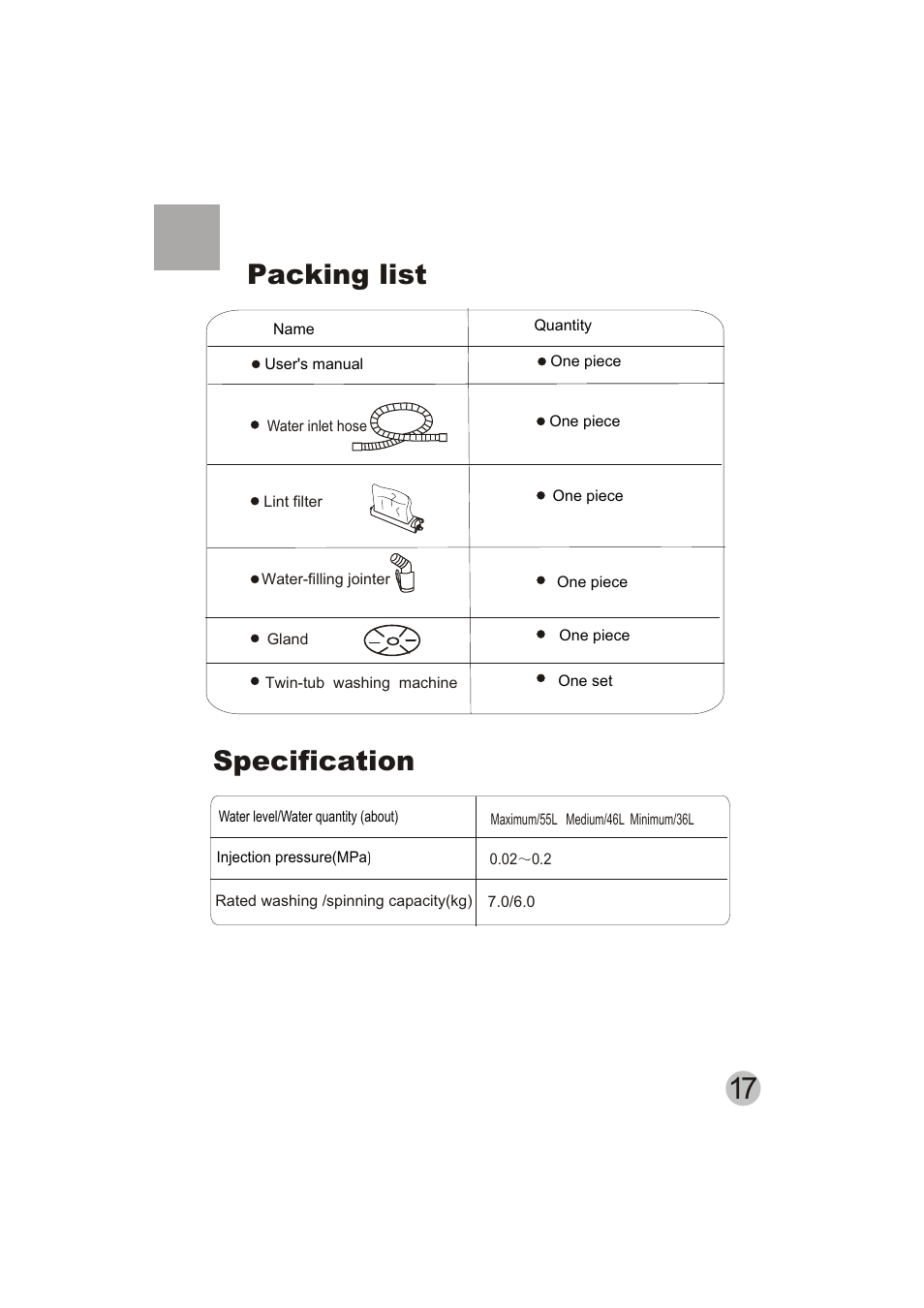 Packing list, Specification | haier HWM80-113S User Manual | Page 19 / 19