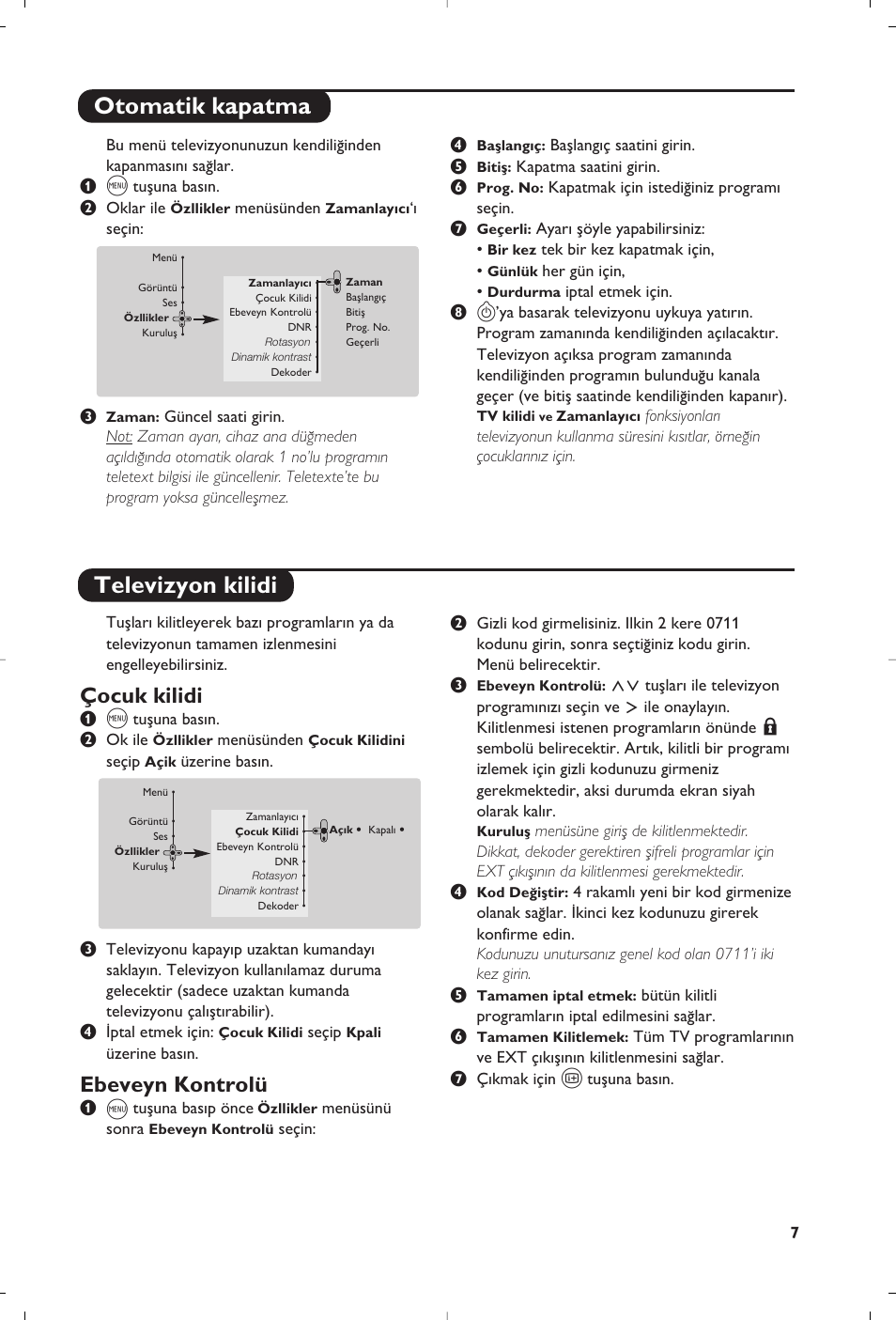 Otomatik kapatma televizyon kilidi, Çocuk kilidi, Ebeveyn kontrolü | Philips 32PW8819 User Manual | Page 105 / 112