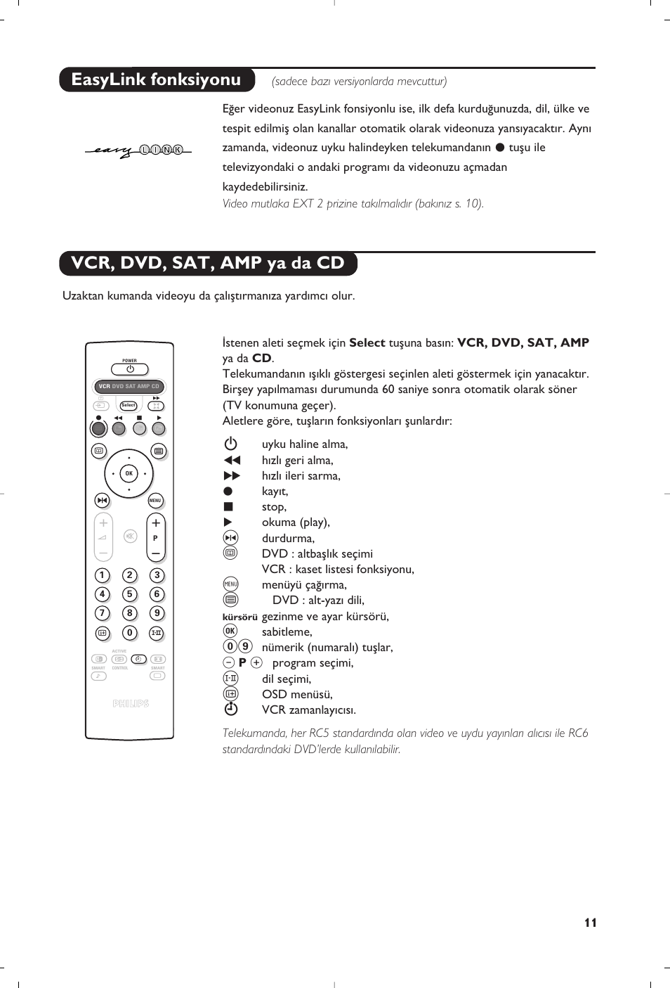 Vcr, dvd, sat, amp ya da cd easylink fonksiyonu | Philips 32PW8819 User Manual | Page 109 / 112