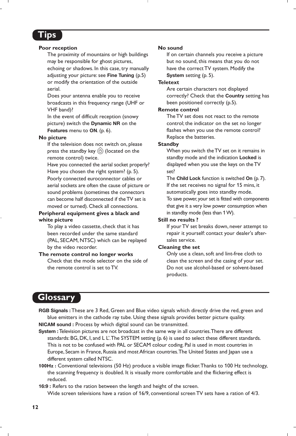 Tips glossary | Philips 32PW8819 User Manual | Page 14 / 112