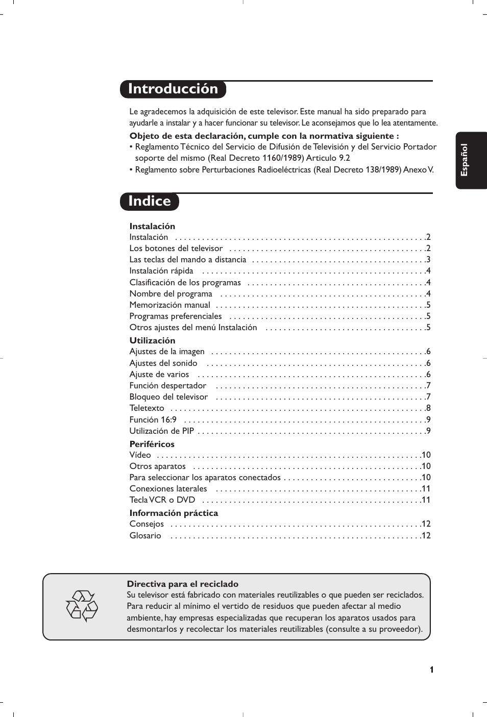 Introducción indice | Philips 32PW8819 User Manual | Page 15 / 112