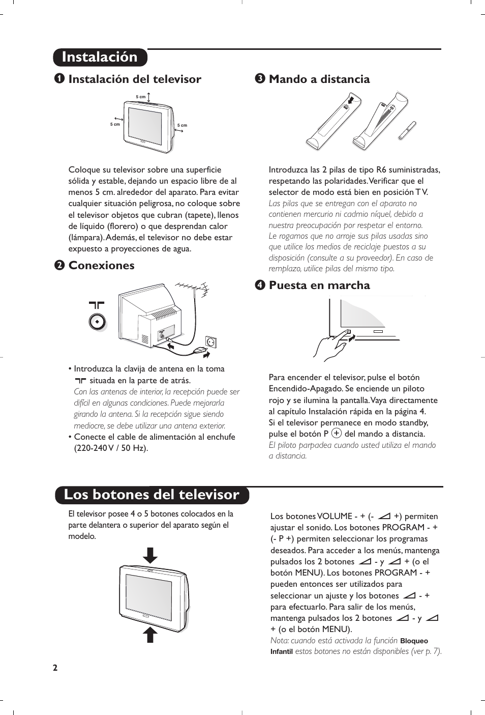 Instalación los botones del televisor, Instalación del televisor, Conexiones | Mando a distancia, Puesta en marcha | Philips 32PW8819 User Manual | Page 16 / 112