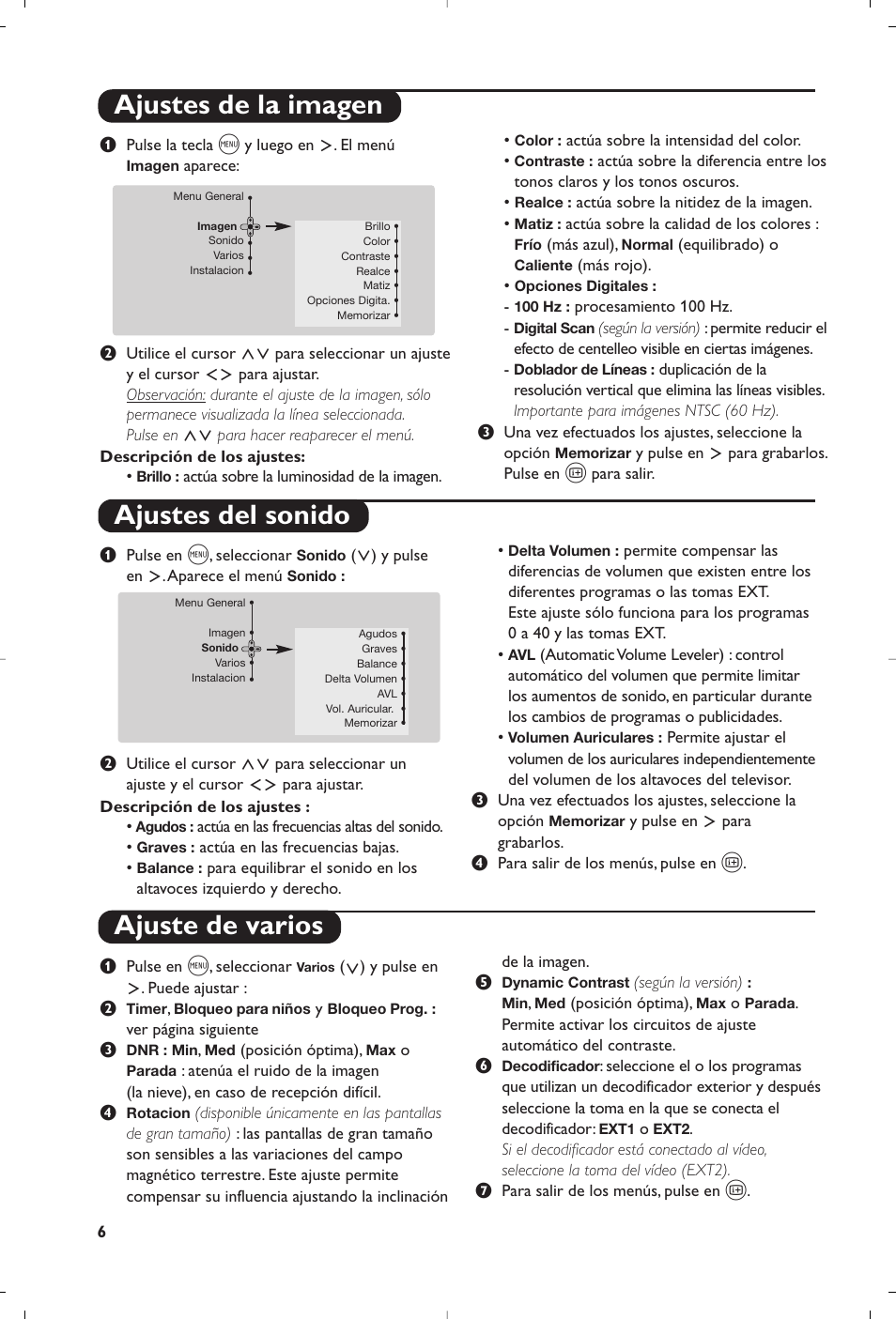 Ajustes de la imagen ajustes del sonido, Ajuste de varios | Philips 32PW8819 User Manual | Page 20 / 112