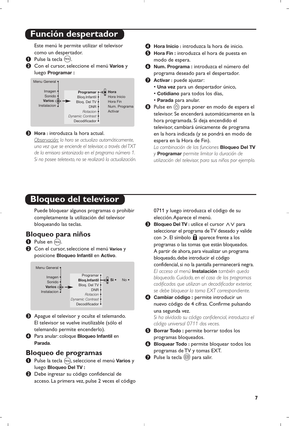 Función despertador bloqueo del televisor, Bloqueo para niños, Bloqueo de programas | Philips 32PW8819 User Manual | Page 21 / 112