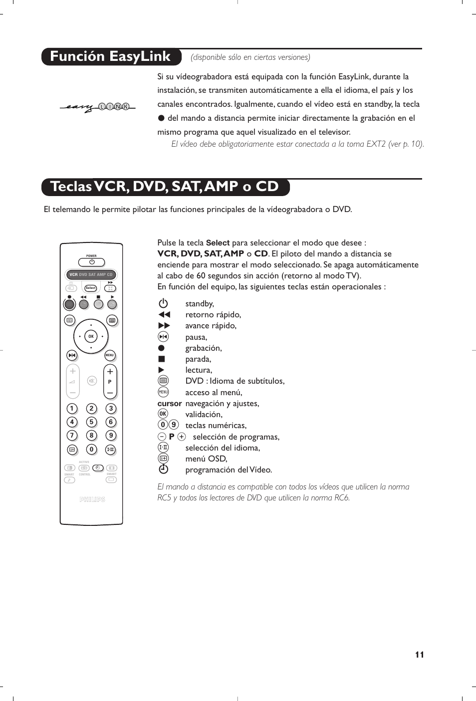 Teclas vcr, dvd, sat,amp o cd función easylink | Philips 32PW8819 User Manual | Page 25 / 112