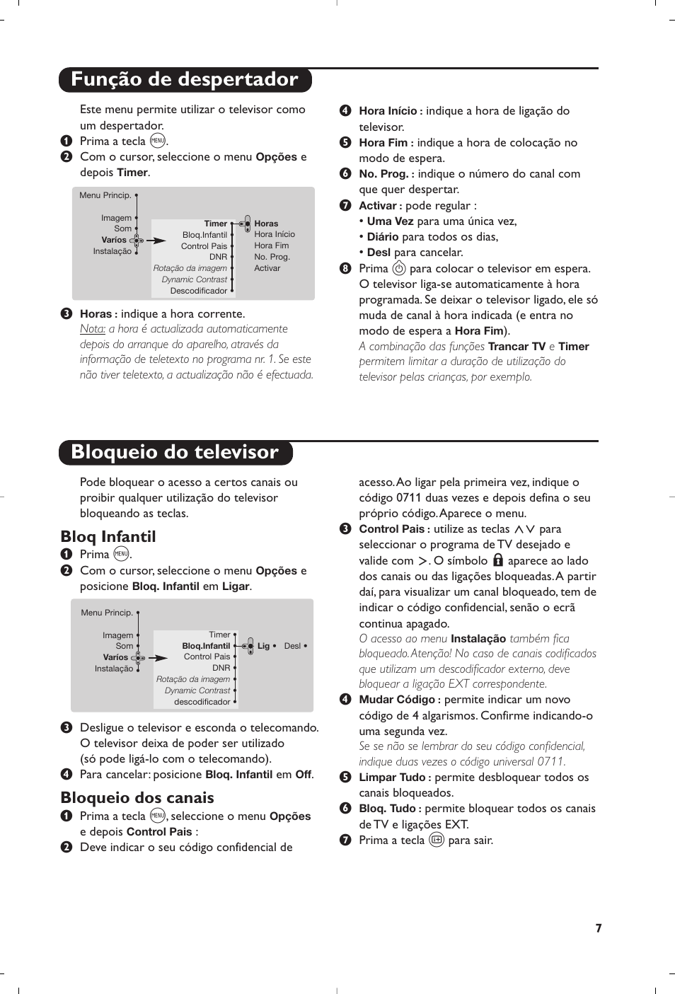 Função de despertador bloqueio do televisor, Bloq infantil, Bloqueio dos canais | Philips 32PW8819 User Manual | Page 33 / 112